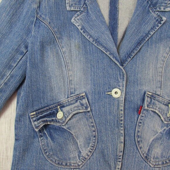 Levi's Trucker Jacket Women's Large Blue Denim Cropped Long Sleeve‎ Button Front - Picture 4 of 14